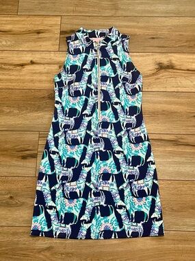 Lilly Pulitzer Opal Scuba Shift Dress SZ XS Navy Blue Alpaca My Bags Front Zip
